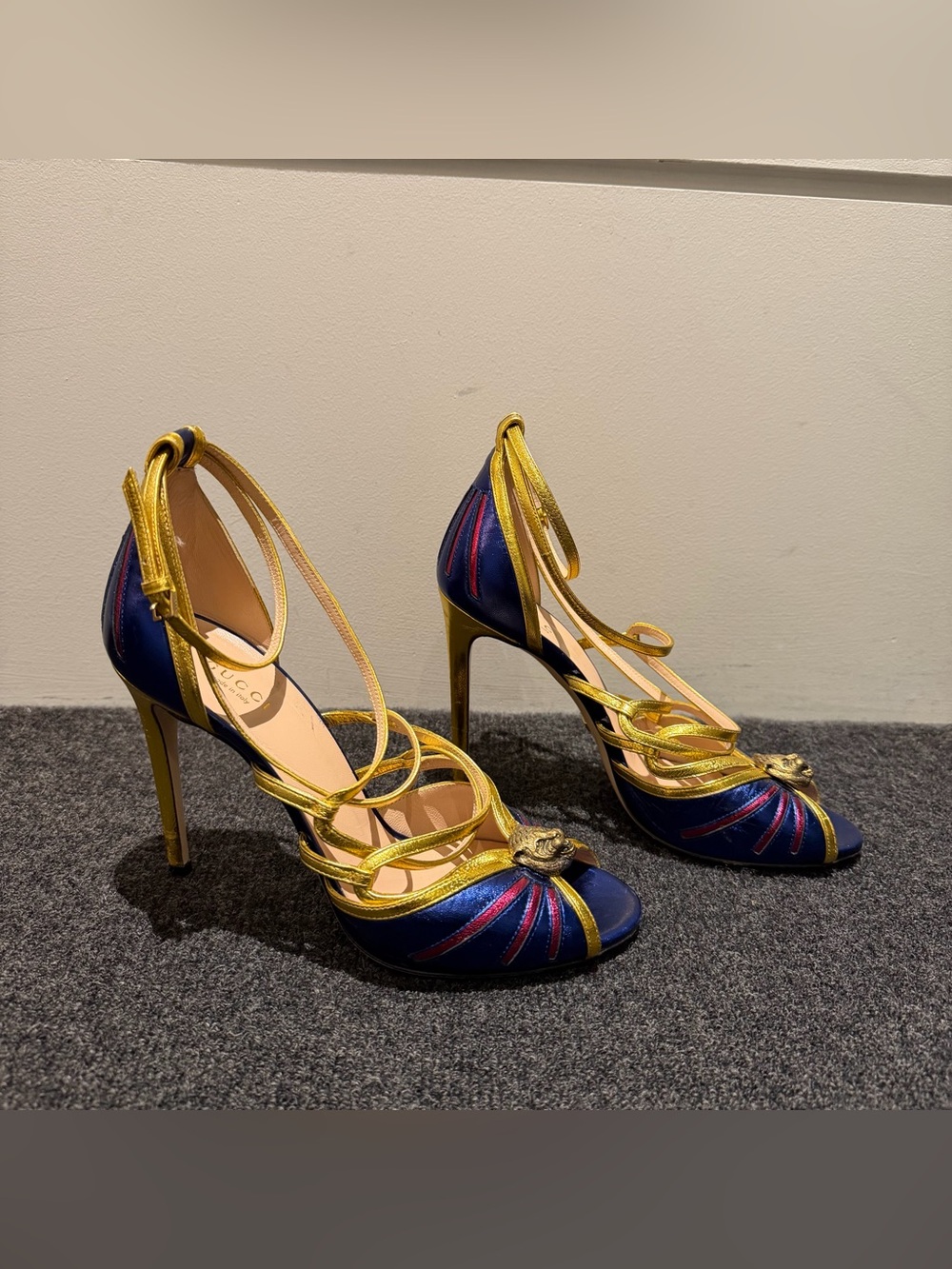 Gucci Blue and Gold Leather Strappy High Heel Sandals